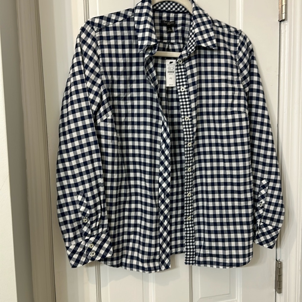 Talbots PS cotton navy check button up shirt NWT